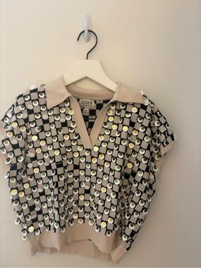 J. Crew Black, White & Beige Sequin Checker Polo Vest